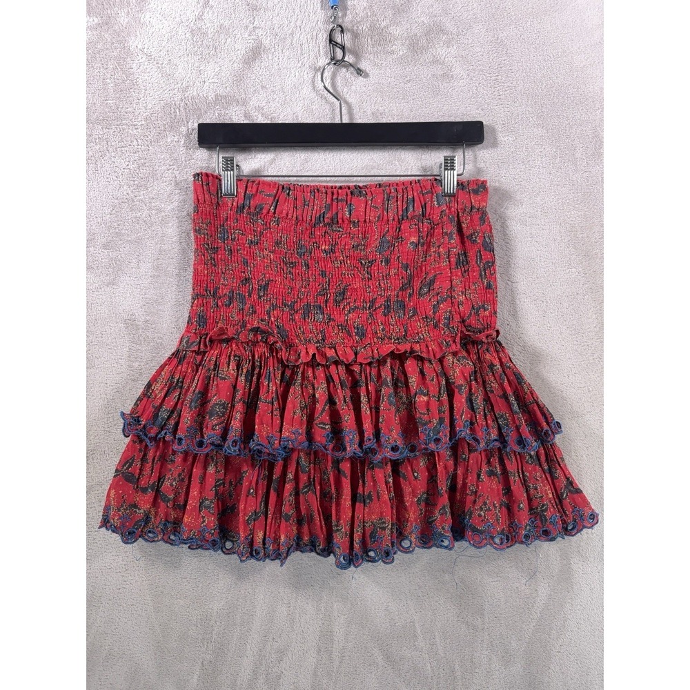 Isabel Marant Etoile Naomi Skirt Womens XS Red Floral Smocked Tiered Mini